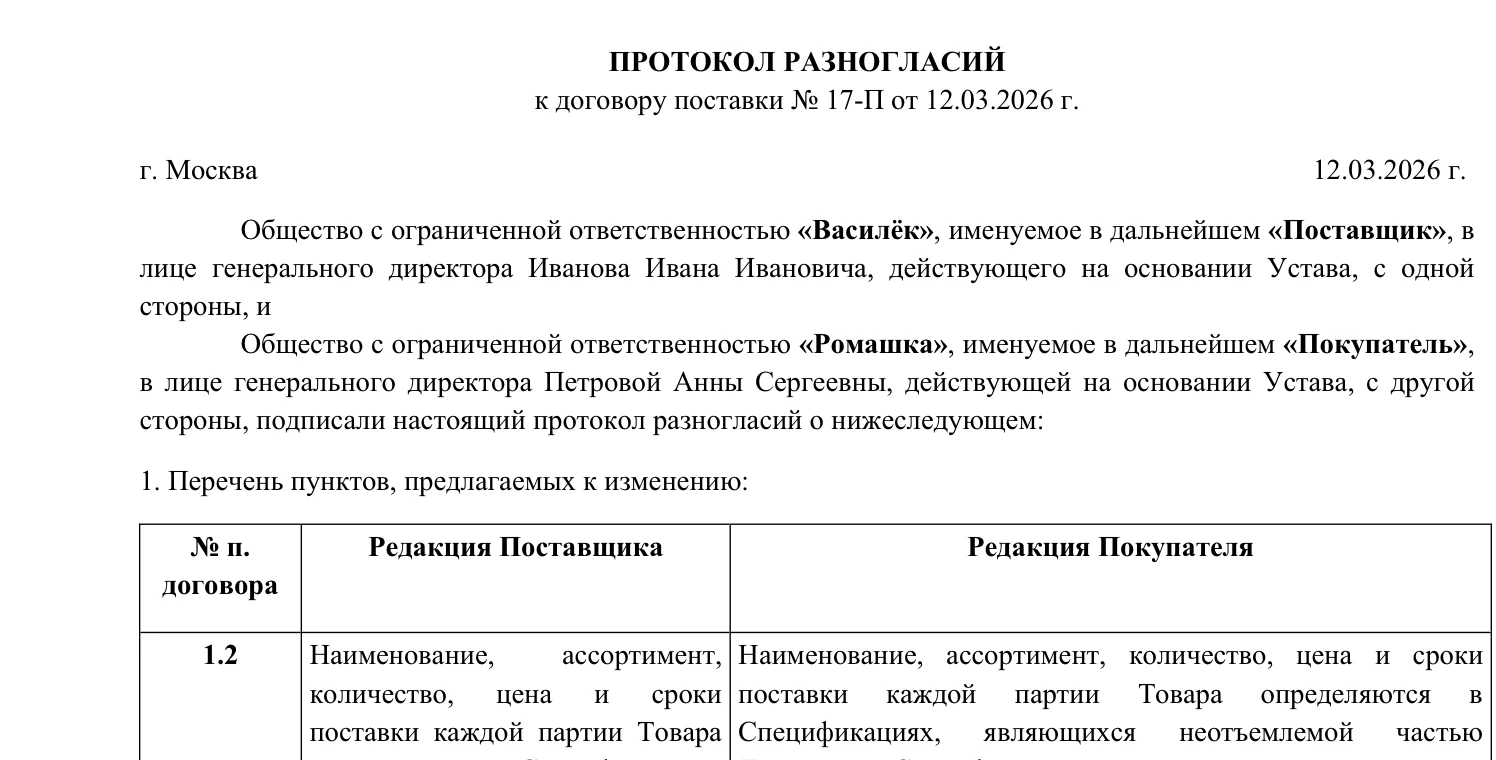 Шапка протокола разногласий: название, договор, город, дата, стороны и подписанты